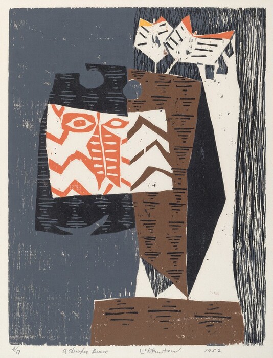 The image displays overlapping angular shapes and bold lines forming an abstract composition. In the center, there are zigzag patterns in brown and orange resembling stylized facial features. Above, triangular forms with fine lines suggest abstract birds. The background consists of textured dark blue and brown areas. The overall composition blends sharp angles and intricate patterns, creating an abstract scene reminiscent of natural and human-made objects.