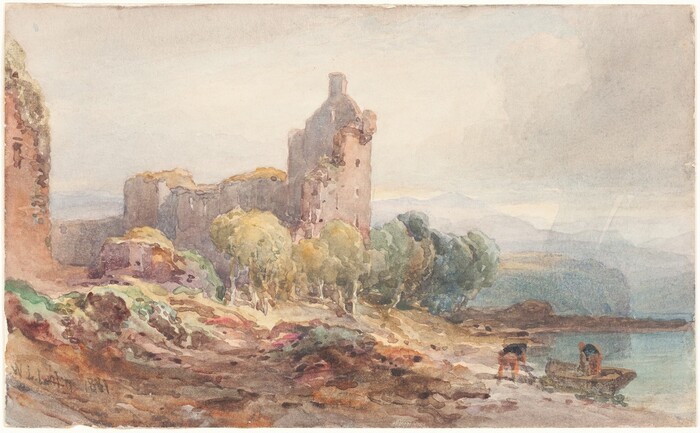The image shows a pastoral view with a castle ruin near the center, slightly to the left. The horizon blends into misty mountains in the background. The painting uses gentle, textured brushstrokes to create a soft, dreamy quality. The color palette consists of muted earth tones, soft greens, warm yellows, dusty roses, and muted blues. Nearby, two figures are attending to a small boat on a rocky shoreline. Trees near the ruins have delicate foliage.