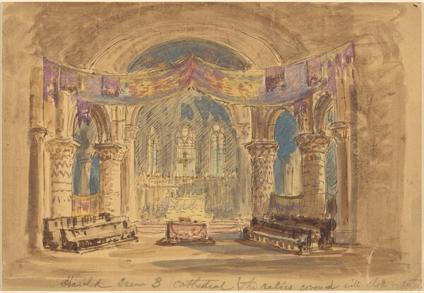 "Harold Scene 3 Cathedral (The relics covered with cloth at centre)"