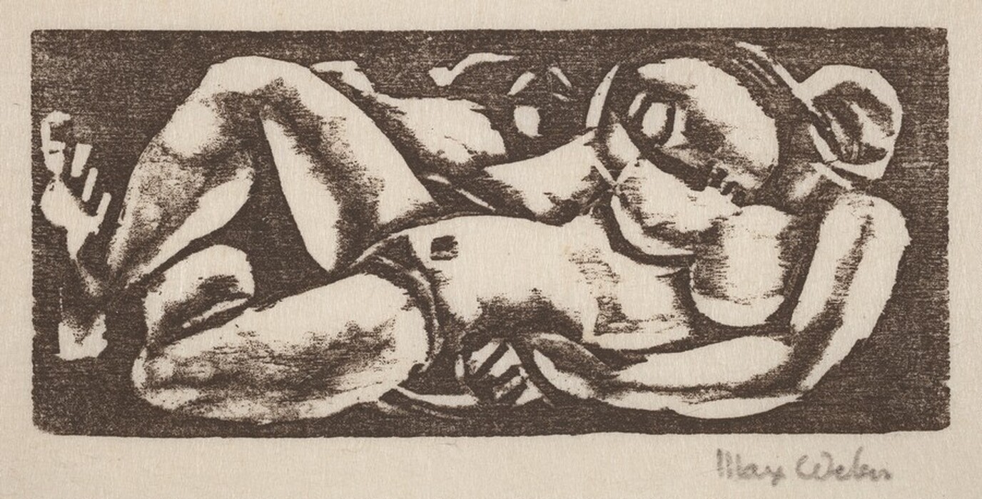 The image shows a composition with curving and interlocking lines forming an abstract design. The shapes resemble intertwined figures, hinting at a reclining pose. Bold shading and contrast give depth, and the abstraction prompts viewers to see connections to familiar objects through a cubist lens.