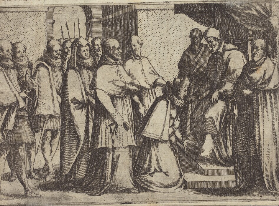 The image shows a group of people in an interior space. The drawing depicts several figures gathered, with one figure kneeling in front of a seated figure. The figures are all wearing historical attire with ruffled collars, long robes, and cloaks. The setting includes an archway and what appears to be spears or halberds in the background. The composition conveys a sense of hierarchy or ceremony. The use of linework and shading creates depth and texture on the figures' garments and the environment.