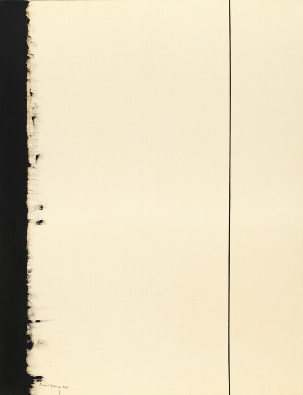 A vertical black band and thin black line span the height of this otherwise cream-white, vertically oriented abstract painting. The black band is along the left side of the canvas, and its inner edge feathers inward. The black line cuts up the canvas about three-quarters of the way across from the left. The artist signed and dated the painting in the lower left corner in black, "Barnett Newman 1962.”
