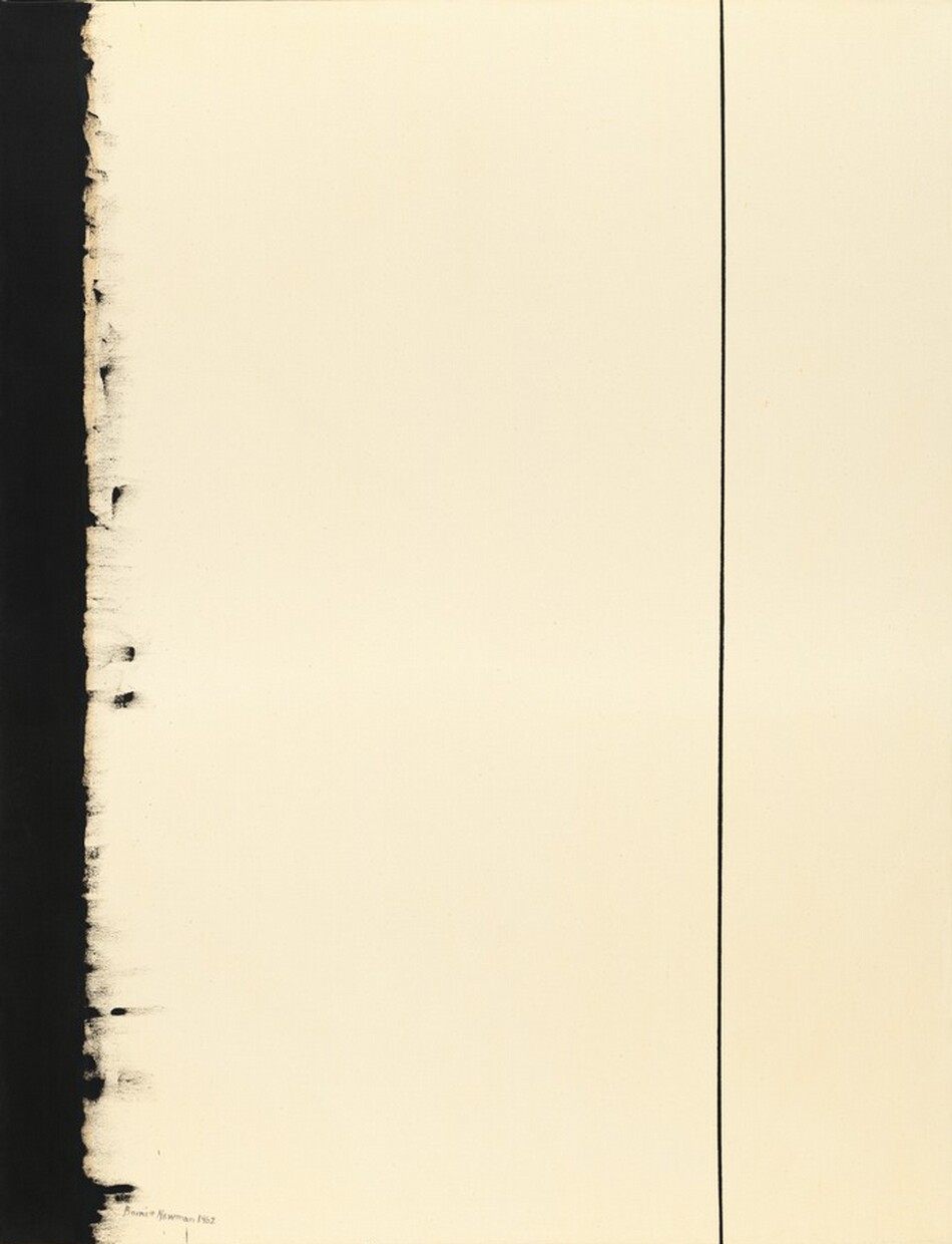 A vertical black band and thin black line span the height of this otherwise cream-white, vertically oriented abstract painting. The black band is along the left side of the canvas, and its inner edge feathers inward. The black line cuts up the canvas about three-quarters of the way across from the left. The artist signed and dated the painting in the lower left corner in black, "Barnett Newman 1962.”