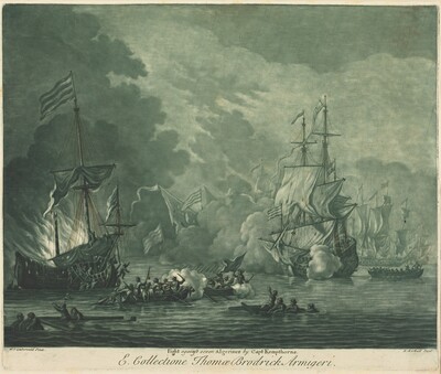 The image shows a maritime battle scene with ships on fire and engaged in conflict. The point of view is from the water level. Small boats filled with figures row away from larger ships. The style is that of a classical painting with billowing smoke and churning water created using soft, flowing brushstrokes. The color palette consists of muted sea greens and grays, creating an overcast atmosphere. A large ship with sails unfurled is on the right, with smoke trailing from various spots. Close to us, a smaller boat is filled with individuals involved in the fight. The background includes large clouds adding to the scene's drama.