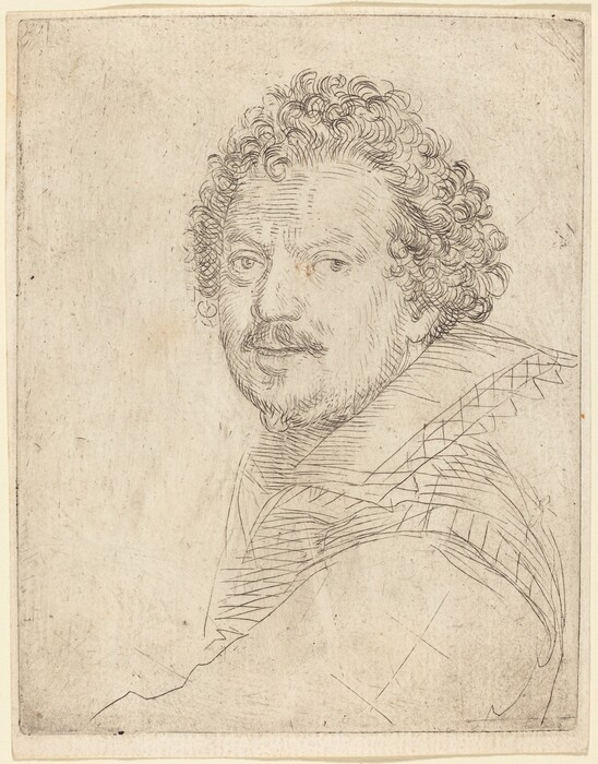 The image shows a sketch of a person's head and upper shoulders. The individual is in a three-quarter view, with curly hair, prominent eyebrows, a mustache, and a serious expression. They are wearing a high-collared, patterned outer garment. The background is plain paper texture.