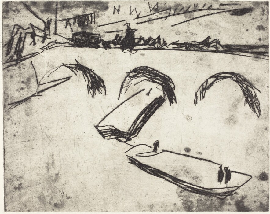 The image features bold, sweeping lines and shapes on a textured surface, creating an abstract composition. Linear forms suggest arches resembling a bridge over a rectangular shape. Below this, two upright figures are seen. Irregular lines converge and stretch across the top, resembling stylized symbols or structural forms. The arrangement of lines and shapes constructs an abstract scene with a bridge and vessels.
