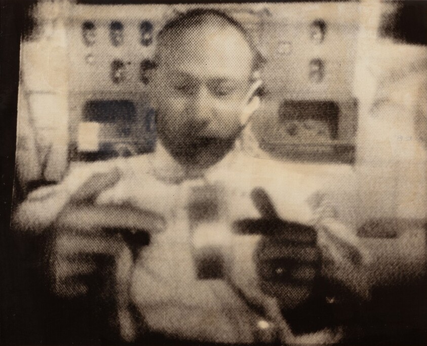 Title from caption on object: "Apollo 11 Astronaut Edwin Aldrin Spins a Can of Ham for Televiewers"