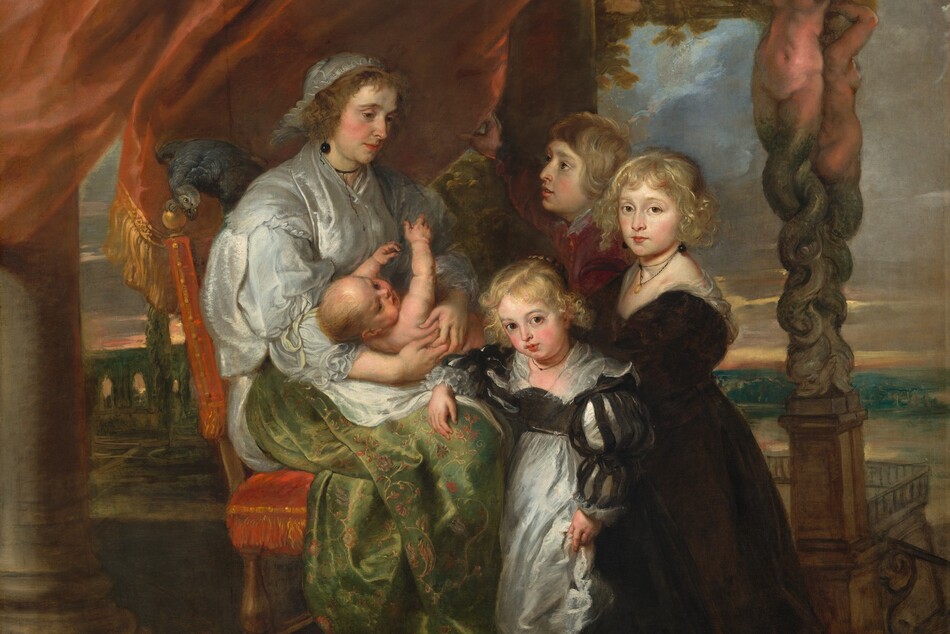 A seated woman with an infant on her lap and three children are clustered on a terrace overlooking green hills and a body of water in this square painting. They all have pale skin with flushed cheeks. The group is centered in the composition, and the woman sits to our left, facing our right, almost in profile. The wooden chair is upholstered in scarlet-red fabric and a large slate-blue bird perches on the backrest. Gold-edged, red drapery hangs behind the woman, suspended from stone columns on either side of her. The woman’s brown hair is covered by a frilly, silvery-gray cap with a matching shawl layered over a short, three-quarter sleeve jacket. Her fern-green skirt, covered with a pattern of coral-red flowers and gold vines, gleams in the soft light coming from behind us. A thin black band encircles her neck, and a round, black earring dangles from the ear we can see. She bows her head slightly and gazes down at the children. The infant lies across her lap with its head coming toward us, its chubby arms reaching up to the woman while turning to look at the three standing children. They appear to be a young boy and two girls, and they all have blond hair, large brown eyes, and delicate rose-red mouths. They crowd together at the woman’s knees. The boy is taller than the girls and stands behind them, visible from the shoulders up. He is dressed in red garments and stands almost in profile to gaze up at the woman. The girls turn their heads to look directly at us. At the center of the trio, the taller girl wears a long, voluminous brown gown. Her hair is pulled back and long ringlets frame her face. She also wears round black earrings and two delicate black cords around her neck, one of which holds a gold ring. At the front, the shortest girl wears a black and white gown with a sheer neckerchief along neckline, and she rests one arm across the woman’s lap. The girl’s long, puffy, black sleeves are slashed to create openings for white fabric to show through. Her hair is also upswept with ringlets framing her face. To the right of the group is a column made of two creatures with pink female heads, faces, and nude torsos with scaly, olive-green, twisting, snake-like legs. One creature faces us and the other faces our right. The sky beyond the terrace is filled with clouds that transition from slate gray at the top to tan and rust orange where it meets the distant hills.