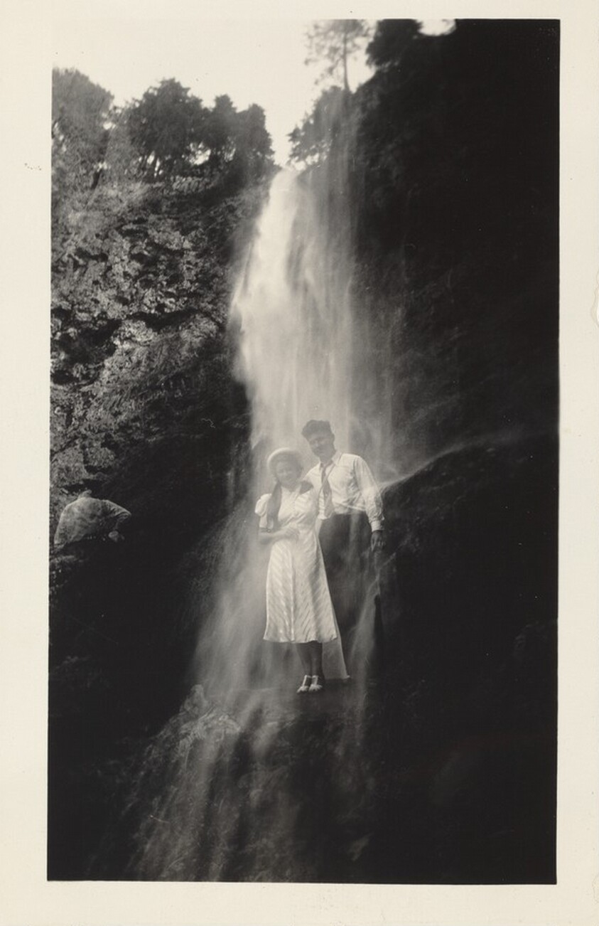 "Double Expose - Snapshot Showing Zim & Rita in Multnomah Falls, Old Oregon Trail 7/16 - 29/37 Oregon 7/25/37 Portland, Fleet-Week"