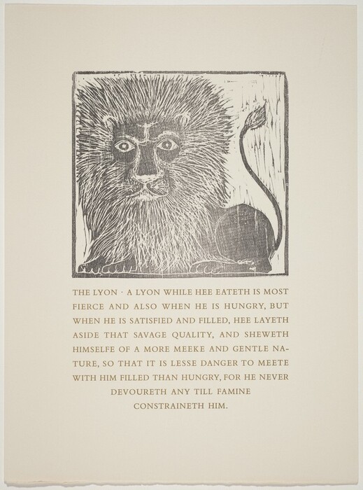 This image depicts a lion and is accompanied by descriptive text. The lion's face is stylized and bold, featuring expressive eyes and a detailed mane. Its tail can be seen curling upwards. Below the illustration, there is English text describing the lion's nature, mentioning its fierceness when hungry and its gentler demeanor when satisfied.