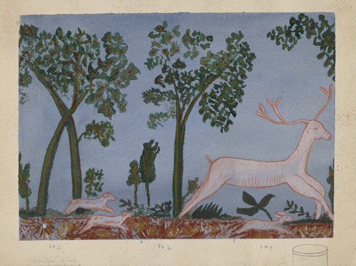 The image is an artwork viewed from a side perspective, arranged horizontally. The sky occupies most of the space above the low horizon. On the horizon, there are slender trees with leafy tops against a pale blue sky. The brushstroke technique is stylized, depicting foliage through clusters of dabs and dots in green and muted red hues. In the foreground, there are two dogs and a deer outlined with red linework, contrasting with the earthy background. The color palette includes earthy brown tones and vibrant greens, creating a rich contrast with the lighter deer and dogs, which have subtle tints of red. The scene portrays a vivid, yet serene, natural setting stylized in a somewhat naive art manner.