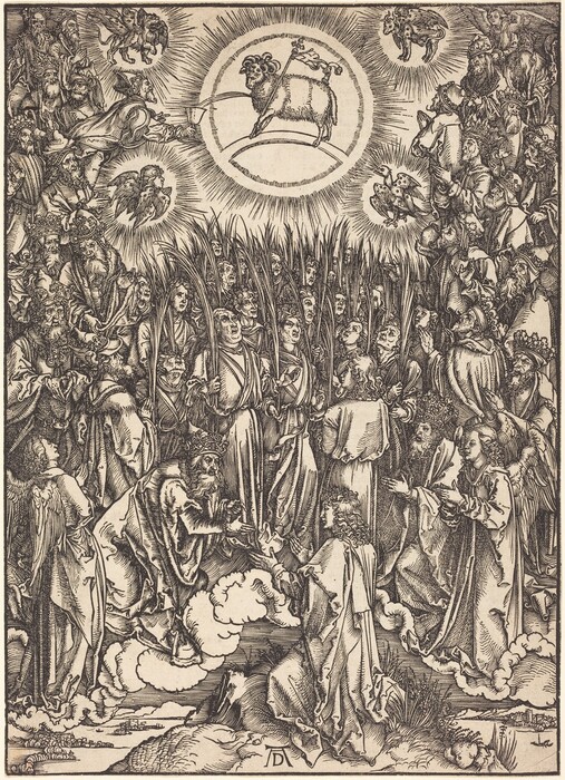 The image depicts multiple figures surrounding a central lamb. The drawing is highly detailed, featuring various figures gathered around a radiant circular motif containing the lamb. Around the lamb are different creatures and numerous figures. Some figures are crowned, while others hold palm fronds. In the lower segment, there are figures on clouds, suggesting a spiritual atmosphere. The drawing is rich in linework and symbolism, typical of intricate religious iconography from medieval or renaissance engravings.