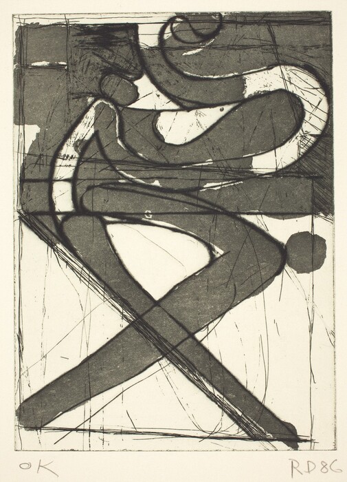 The image shows intersecting curved and straight lines against a rectangular backdrop. The abstract artwork resembles stylized human figures or dancers with exaggerated limbs and body forms, similar to a ballet pose. Swirling and overlapping shapes give a fluid and dynamic quality, evoking motion found in dance.
