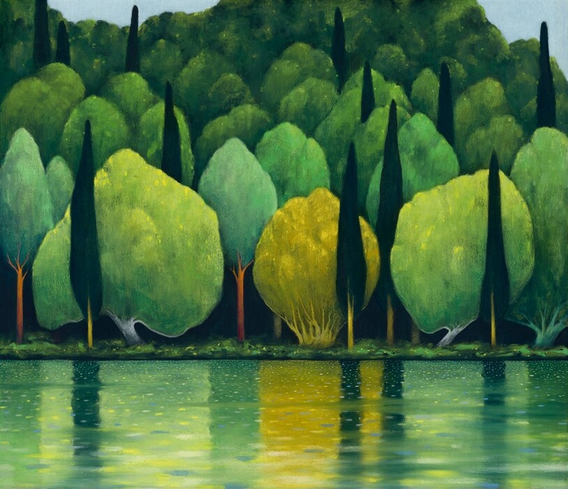 The image shows a landscape with trees, a body of water, and a sky. The trees have green, yellow, and blue foliage. The painting uses smooth brushstrokes to create a blend of colors dominated by greens and yellows. The water reflects the surrounding colors. In the background, dark shadows suggest depth in the forest, with lighter greens and yellows adding vibrancy.