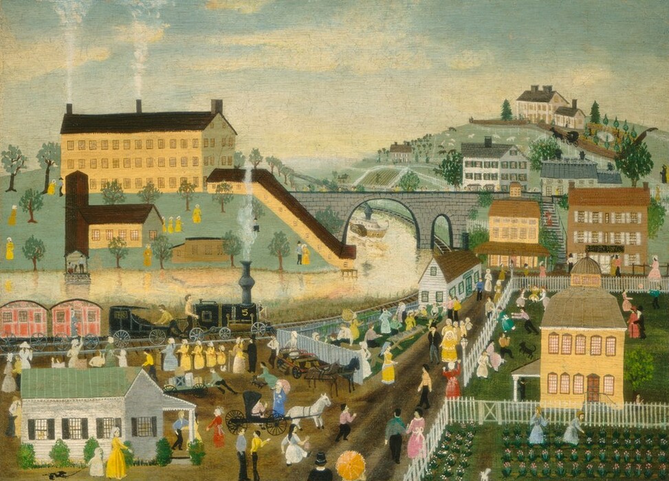 This painting shows an aerial view of a busy village scene. There are various visible structures, with a high horizon line above green hills separating the village from the blue and white sky. In the top left corner is a large yellow industrial building with a dark roof and tall chimneys emitting smoke above a canal crossed by an arched stone bridge in the center. Beyond the bridge are rolling hills with white houses and small animals grazing. Closer to us, people in bright clothing can be seen engaging in activities, riding in carriages, talking with one another, and walking. Many of them are lined up by a black train on the left side, with a woman partially visible in a pink compartment. Other people walk down a wide brown road to the right of center, and on the right people play and dance on a green lawn or pick flowers. The people are dressed in shades of yellow, green, pink, red, and blue, and they all appear to have light skin.
