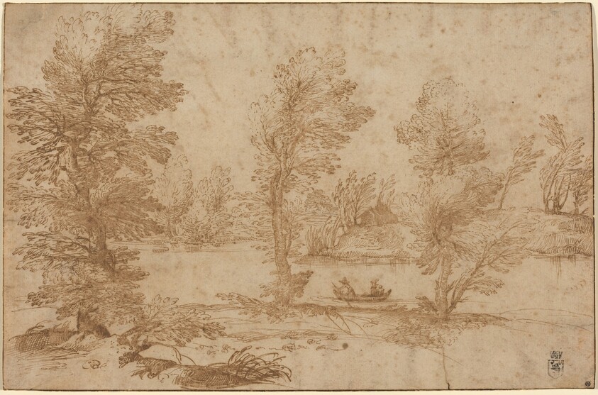Woodland River with a Boat