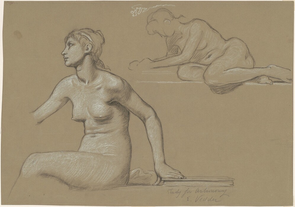 The image shows a drawing of a nude female figure seated from the hips up. The woman is leaning on her right arm, with her left arm bent and resting on her left knee. Her head is turned to the left, showing a profile view of her face. Her hair is styled with a headband and loosely tied at the back. The drawing is primarily in soft chalk on brownish paper, emphasizing the contours and shading of the body.