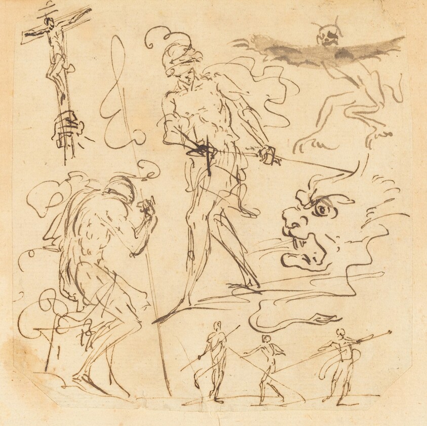Sheet of Studies with a Soldier Drawing a Sword, a Crucifix, Monstrous Animals, and Other Figures