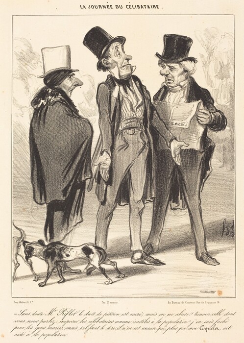This is a drawing of three cartoonish, older gentlemen dressed in formal 19th-century attire, conversing in a light-hearted manner. The drawing is executed in black and white with use of shading to define the characters' exaggerated features and expressions. The central gentleman appears to be animated in conversation with the one on the right, who holds a newspaper under his arm, while the third figure stands observing. In the foreground, a dog sniffs the ground. The text at the top reads "La Journée du Célibataire" indicating "The Day of the Bachelor."