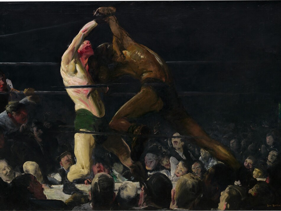 From a darkened arena around a boxing ring, we look up at two bare chested men, one with pale, white skin and the other with brown skin, who lock arms in a boxing match in this horizontal painting. The brushstrokes are loose and visible throughout, making some details difficult to make out. The boxer to our left wears drooping, forest-green trunks and black shoes. He leans back on his bent right leg, closer to us, and tilts his face up. His mouth gapes open and his nose, chin, and neck are smeared with scarlet red, suggesting blood. His pale skin has a green cast, and his chest, arms, and legs are sinewy and muscular. His right arm is raised or pulled up overhead by the boxer to our right. Wearing dark briefs, the second boxer hunches over with head lowered toward the other man’s shoulder. He surges forward onto his deeply bent left knee, closer to us, pushing powerfully off his back leg. His face is lost in shadow and his body has less detail than his opponent, though light glints off his arching back to create gold highlights against his brown skin along his spine, ribs, and muscles of the shoulder. The men’s bodies nearly span the height of the canvas. The black ropes of the boxing ring pass in front of and behind the boxers, and the space around the ring in the top half of the painting is nearly black. Heads and faces of the spectators in the first few rows are lit by the main event and are crowded into the bottom third of the painting. Two spectators on our far left have climbed up and lean on and through the ropes, their mouths open. The crowd, which appears to be all light-skinned men and boys, are painted loosely but their mouths widen in toothy grins or are agape. The artist signed the work in yellow letters against black in the lower right corner: “Geo Bellows.”