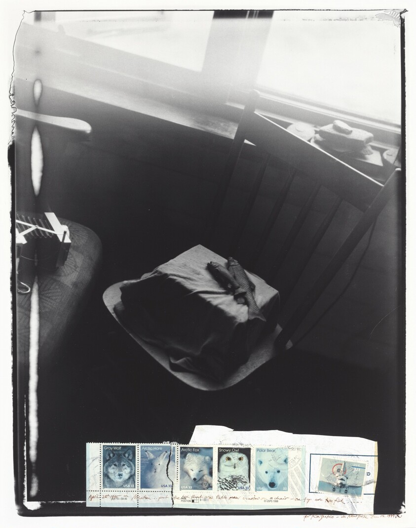 April 28th 1995 in Mabou - Part of the Box that was Pablo near Window on a Chair - on top are Two Fish