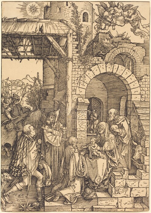 This is a drawing of a nativity scene. The artwork shows a detailed depiction of the scene, with a central structure resembling a stable supported by wooden beams, surrounded by brick arches and walls. A figure rides a horse to the left, and a distant landscape is visible in the background. Celestial beings are shown above, and various figures are gathered around a central scene inside the building. A radiant star shines in the upper background, illuminating the scene. The drawing features intricate textures and patterns, enriching its overall look.