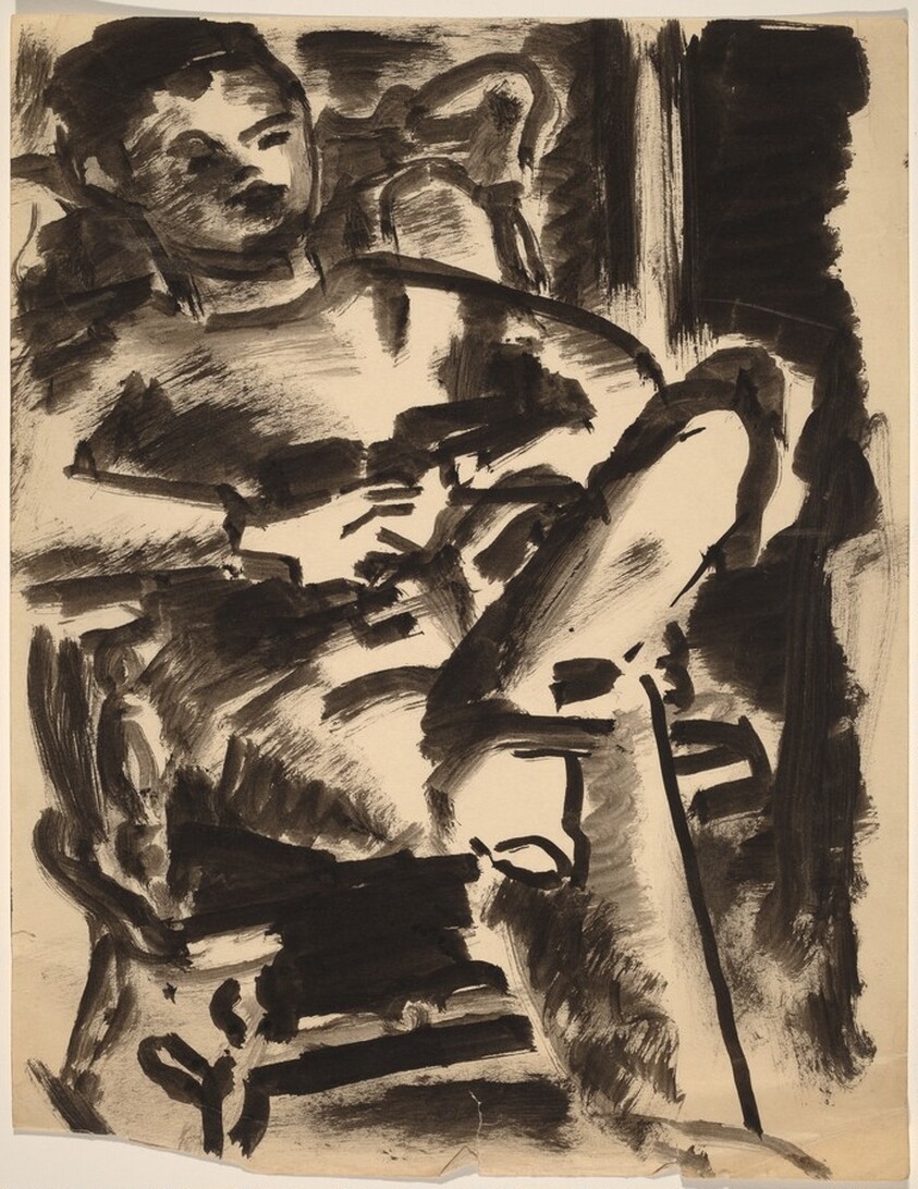 Seated Boy in Armchair, Hands Clasped on Stomach, Left Leg Crossed over Right Leg