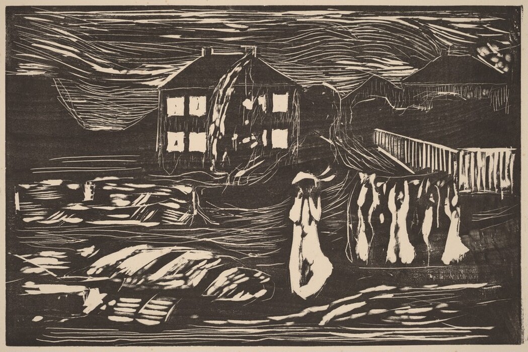 The image shows a landscape print depicted from an elevated viewpoint. In the center is a large house with defined windows, with a second building partially visible to the right. The horizon line is not distinct due to the abstract style. Trees and buildings suggest it lies beyond the main structures. The woodcut technique used features bold lines with white spaces, creating a dynamic, textural effect. The monochromatic palette consists of intense blacks and stark whites, enhancing shadow and light interplay. Faint, ghostly figures are visible, including one in a dress and hat. In the distance, there are additional structures and a suggestion of a sky.