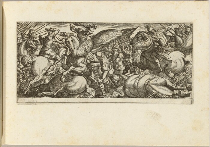 This is a drawing of a battle scene with knights and horses engaged in combat. The scene features armored figures wielding swords and shields, with several horses rearing or fallen. The use of fine lines and strong contrasts adds to the intensity of the scene. The panel's composition captures the movement of a historic battle.