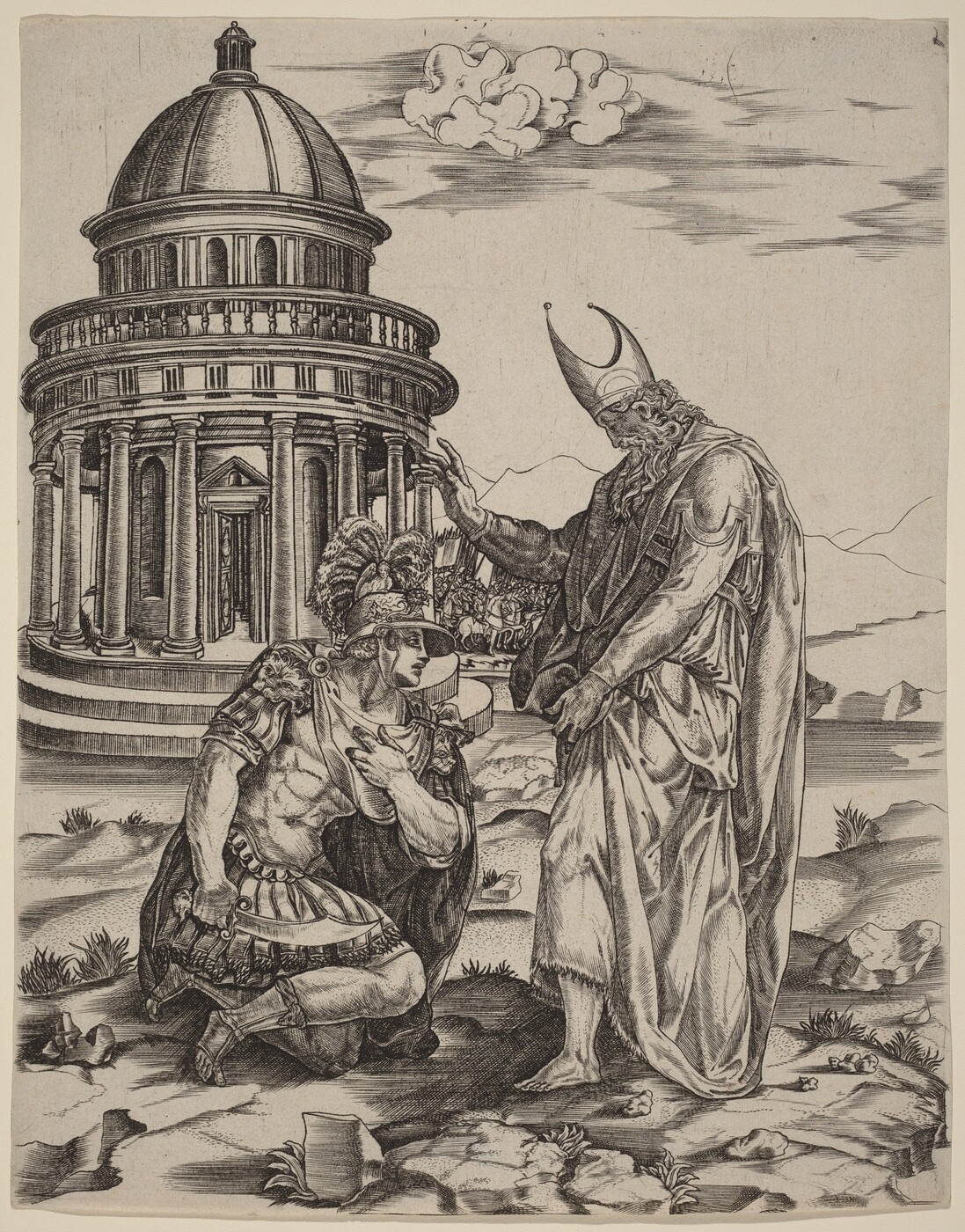 This is a print of a kneeling figure before a standing figure with an architectural dome in the background. The scene is set on a rugged landscape. The kneeling figure is adorned in classical armor and a plumed helmet, while the standing figure wears a long robe and a large, distinctively shaped hat. The structure in the background is a large dome with ornate columns. Above the scene, the sky is portrayed with a stylized cloud. The image is rendered in a highly detailed black and white engraving style.