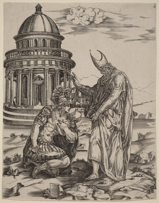 This is a print of a kneeling figure before a standing figure with an architectural dome in the background. The scene is set on a rugged landscape. The kneeling figure is adorned in classical armor and a plumed helmet, while the standing figure wears a long robe and a large, distinctively shaped hat. The structure in the background is a large dome with ornate columns. Above the scene, the sky is portrayed with a stylized cloud. The image is rendered in a highly detailed black and white engraving style.