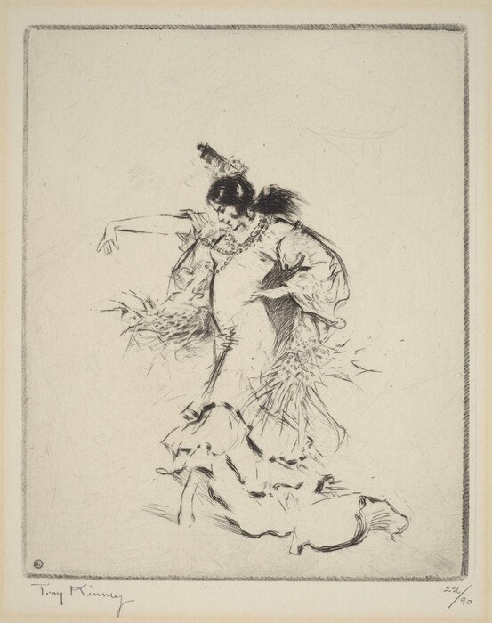 The image shows a woman in motion, with her arms extended and one leg lifted. She has focused facial features and dark hair styled with a feather. She wears an elaborate dress with ruffles and a textured design. She also wears beads or a necklace. The background is plain, and there is a signature and edition number at the bottom.
