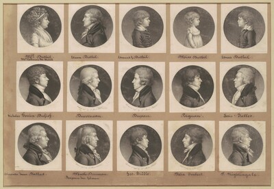 The image shows 12 engraved profiles displayed in a grid layout. Each profile depicts the upper body of a person, from head to shoulders, facing mostly to the side. The individuals wear late 18th to early 19th-century attire, with varying hairstyles and clothing styles. Men have a range of hairstyles, from short to tied back, without visible facial hair, wearing open jackets with high collars and cravats. Women have decorated hairstyles and some show their necks and upper garments, with one wearing a shoulderless dress. There is no jewelry or objects visible in the portraits. Each portrait is set in a circular vignette on a monochrome background, with handwritten names underneath. The grid layout has a historic aesthetic with sepia-toned coloration.