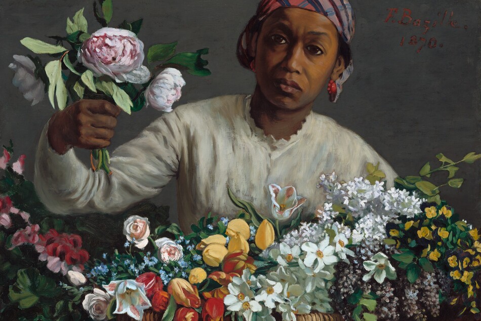 Holding a bunch of peonies in one hand, a woman with brown skin leans forward, toward us from behind a large basket holding dozens of flowers in this horizontal painting. The basket holding the flowers spans the width of the canvas, and the woman is shown behind it from the chest up. She wears a cream-white, long-sleeved blouse with scalloped trim around the high neck. She wears coral-red earrings, and a plaid cloth in tones of rust red, slate blue, pale purple, and black is tied tightly over her black hair, which is visible over her ears. Her brow is slightly furrowed, and she looks at us with large, dark eyes. Her full mouth is closed, the corners faintly downturned. She reaches her right arm, on our left, toward us with a bouquet of three pink-and-white peonies and greenery. Her basket is filled with yellow and red tulips, pink roses, white and purple lilac, and other white, pink, yellow, and blue flowers, and it takes up the bottom third of the composition. The woman and basket are shown against a dove-gray background. The artist prominently signed and dated the work with red letters near the upper right corner, near the woman’s head: “F. Bazille. 1870.”