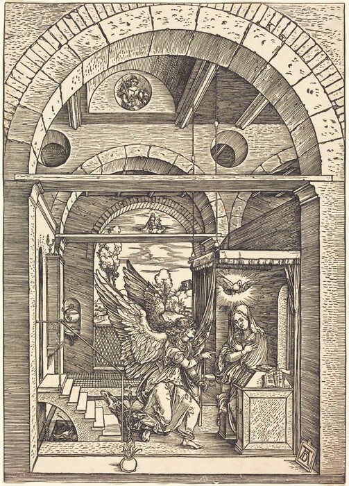 This is a drawing of an interior scene with a winged angel kneeling before a seated figure. The room features architectural elements like arched vaults and detailed masonry, a descending dove above surrounded by light, a glimpse of an exterior landscape, a small staircase, and a hanging chandelier. The style is reminiscent of Albrecht Dürer's work.