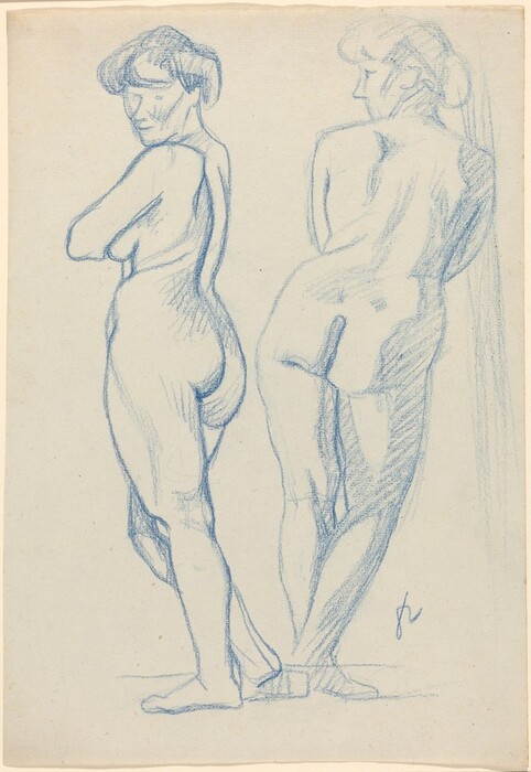The image shows a sketch of two figures, both depicted from the back. The figure on the left is standing with their arms crossed over their chest and their head slightly turned to the right, revealing some facial features like a nose and mouth, with short hair sketched. The figure on the right is leaning against an unseen surface to the right edge of the image, with their legs crossed at the ankles. Their head is turned to the left, showing only their profile, with the hair seemingly styled up or back. Both figures are nude, with no clothing or objects around them. The background of the sketch is plain.