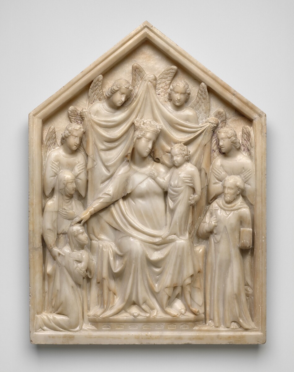 Three women, a man, child, and four winged angels are carved in relief on a panel to occupy a shallow space in this white marble sculpture. The group fills the panel, which is square on the bottom and comes to a triangular point at the top. The people have narrow, almost slitted eyes, straight noses, and thin lips. One of the women, Mary, sits on a throne at the center holding a child, Jesus, who stands one of her knees. Mary wears a crown, and her robes drape to the floor. One hand wraps around Jesus’s torso. He holds something down by his side with one hand and reaches the other up with the first two fingers raised toward a woman, Queen Sancia, who kneels in the lower left corner of the panel. Mary reaches her other arm out to touch Queen Sancia’s head as well. The queen and others in the scene are smaller in scale than Mary. Queen Sancia faces our right in profile as she looks at Jesus with her arms crossed over her chest. She and the woman standing behind her both wear veils that cover their foreheads, chins, and necks. The standing woman touches Queen Sancia’s shoulder with one hand and holds the other to her own chest. A man standing on Mary’s other side, in the lower right corner, wears a hooded robe and holds a book and a cross. He has a beard, and his hair is cut into a ring around his head. Winged angels stand with hands held across their chests behind the man and Queen Sancia. Two more angels hold up a cloth behind Mary and Jesus. The edges of the panel are carved to resemble molding.