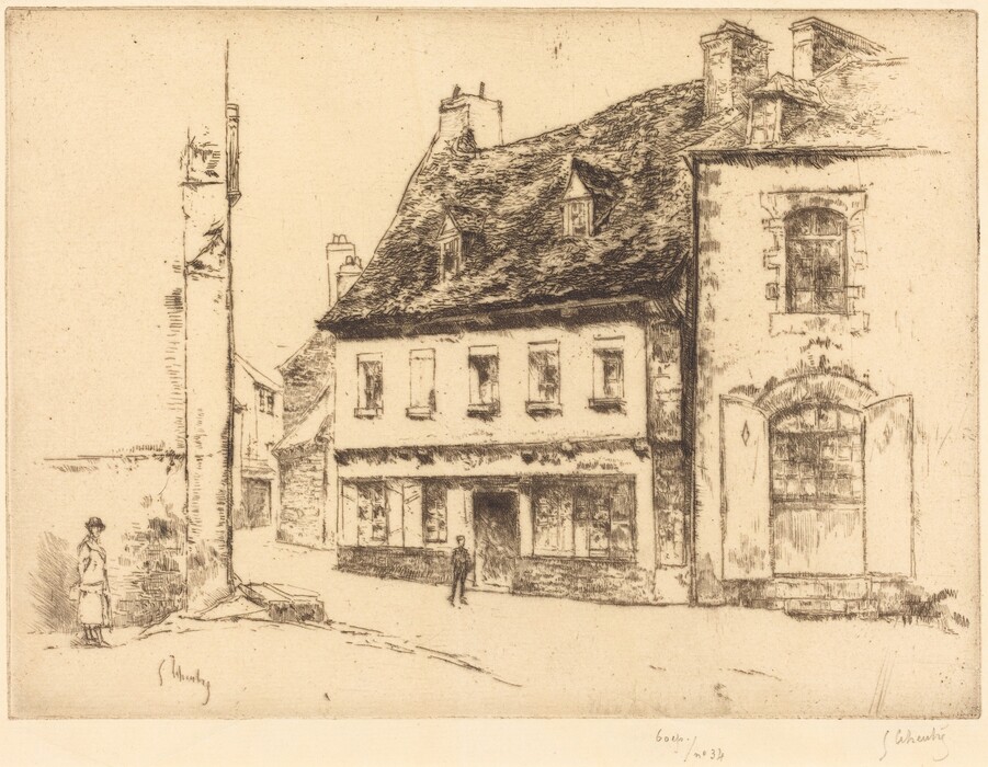 The image depicts an etching of a village street with a traditional building at the center. The vantage point is slightly angled, showing a street corner with architectural details etched in fine lines. The sky is visible just above the rooftops. The color scheme is sepia-toned. Two figures are visible on the street, one standing close to a building corner and the other walking away. More buildings line the street in the distance, with the sky above in the background.