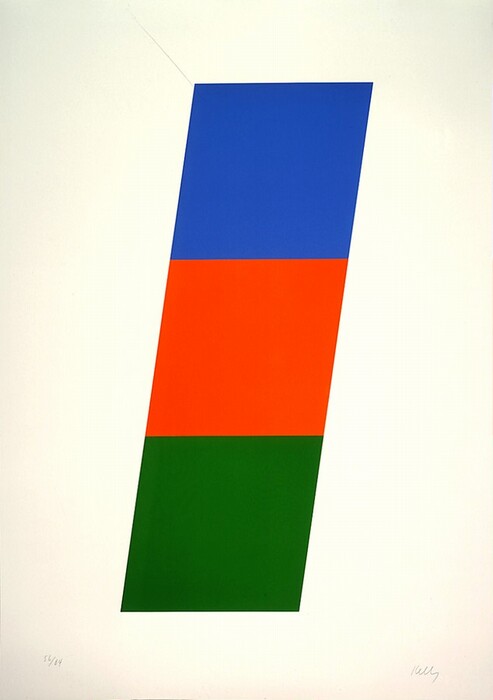 The image shows an abstract composition with a large parallelogram divided into three horizontal sections of equal size. The top section is bright blue, the middle section is vivid red, and the bottom section is deep green. The shape is tilted to the right, giving it a sense of movement. The geometric form is set against a plain white background.