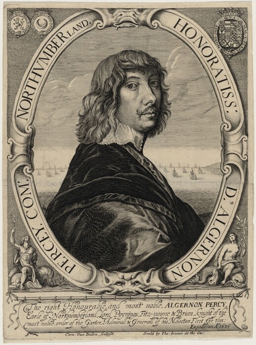 The image shows a portrait of a person depicted from the waist up, positioned with their body slightly turned to the side while their head faces forward, looking directly at the viewer. The person has distinctive facial features with pronounced eyebrows, a well-groomed mustache, and long wavy hair that falls over the shoulders. They are dressed in a dark garment with a detailed, ruffled white collar. The person is encased within an ornate oval frame that bears inscriptions and decorative elements. Around this frame are additional embellishments, including the figure of a bearded man holding a trident and a seated figure of a woman. In the background, several ships sail on the sea under a cloud-filled sky.