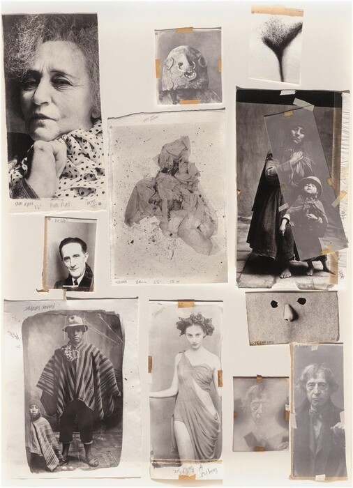 This is a collage of various images. The composition consists of black and white photographs and illustrations taped onto a white background. The subjects include portraits, a sculpture, an abstract shape, and cut-out elements. Each image varies in size and is placed at angles, overlapping in some areas. Some images are labeled with handwritten notes and marks.