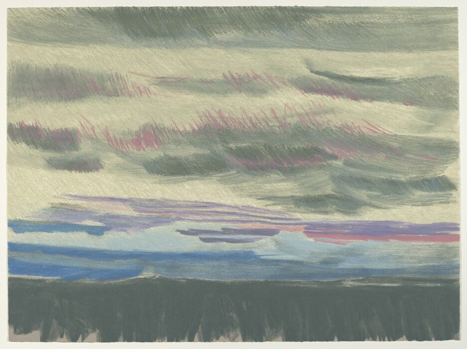 The image features a landscape viewed from a slightly elevated angle, showing a vast, open horizon. The colors in the image blend together, with broad brushstrokes creating a sense of movement. The sky is filled with soft streaks of gray, green, and mauve. Near the foreground, darker shades of gray suggest shadow or a landform. The colors shift to lighter hues as the eye moves upward, evoking a tranquil yet dynamic natural scene.