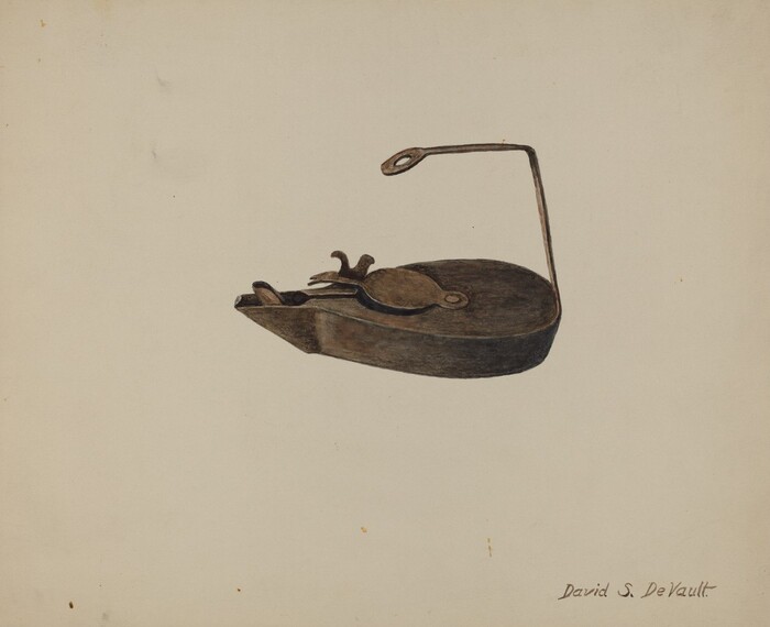 The image depicts a single oil lamp with an elongated spout and a rounded body, including an upward-curving handle. The color palette is primarily composed of muted browns and grays. Positioned centrally on a plain, off-white background, the lamp draws attention to its simple, utilitarian design. The artist's signature, "David S. DeVault," is located in the bottom right corner of the image.