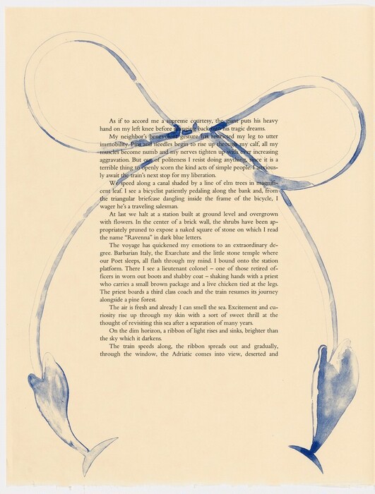 This is a painting of an abstract design overlaid on a block of text. The image presents a page filled with typed text and an abstract watercolor design in blue on top. The blue shapes swirl and loop symmetrically from the top to the bottom of the page, contrasting with the beige background and black text. The watercolor varies from translucent to opaque, revealing the text underneath. The style is reminiscent of Ellsworth Kelly, with simple forms and vibrant color contrast.