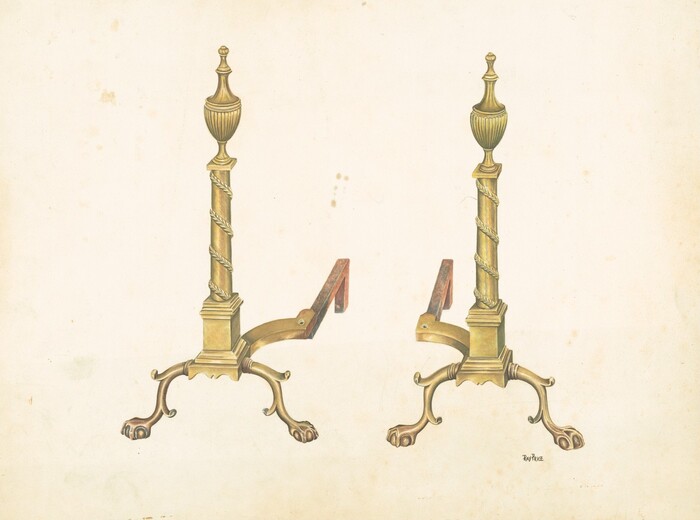 The image shows two large brass andirons with spiral columns and ornate finials perched on claw-like bases. The color palette consists of warm gold tones, with subtle variations in hue visible in the brass material. Both andirons are positioned centrally on the page, standing upright and parallel to each other, with their base supports extending towards the center.
