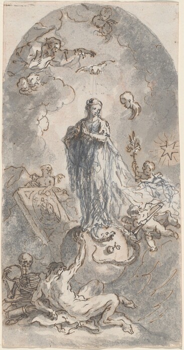 This is a drawing depicting a scene with various symbolic elements. The composition includes a figure dressed in flowing garments standing on a globe-like sphere. Celestial beings and clouds surround the central figure, with a hand emerging from the clouds above and a descending dove nearby. On the left, there is a cherubic figure resting on a platform or altar. To the lower right, a star-like shape radiates light. At the base, there is a skeletal figure and a reclined person. The color palette is monochromatic with light washes and expressive linework.