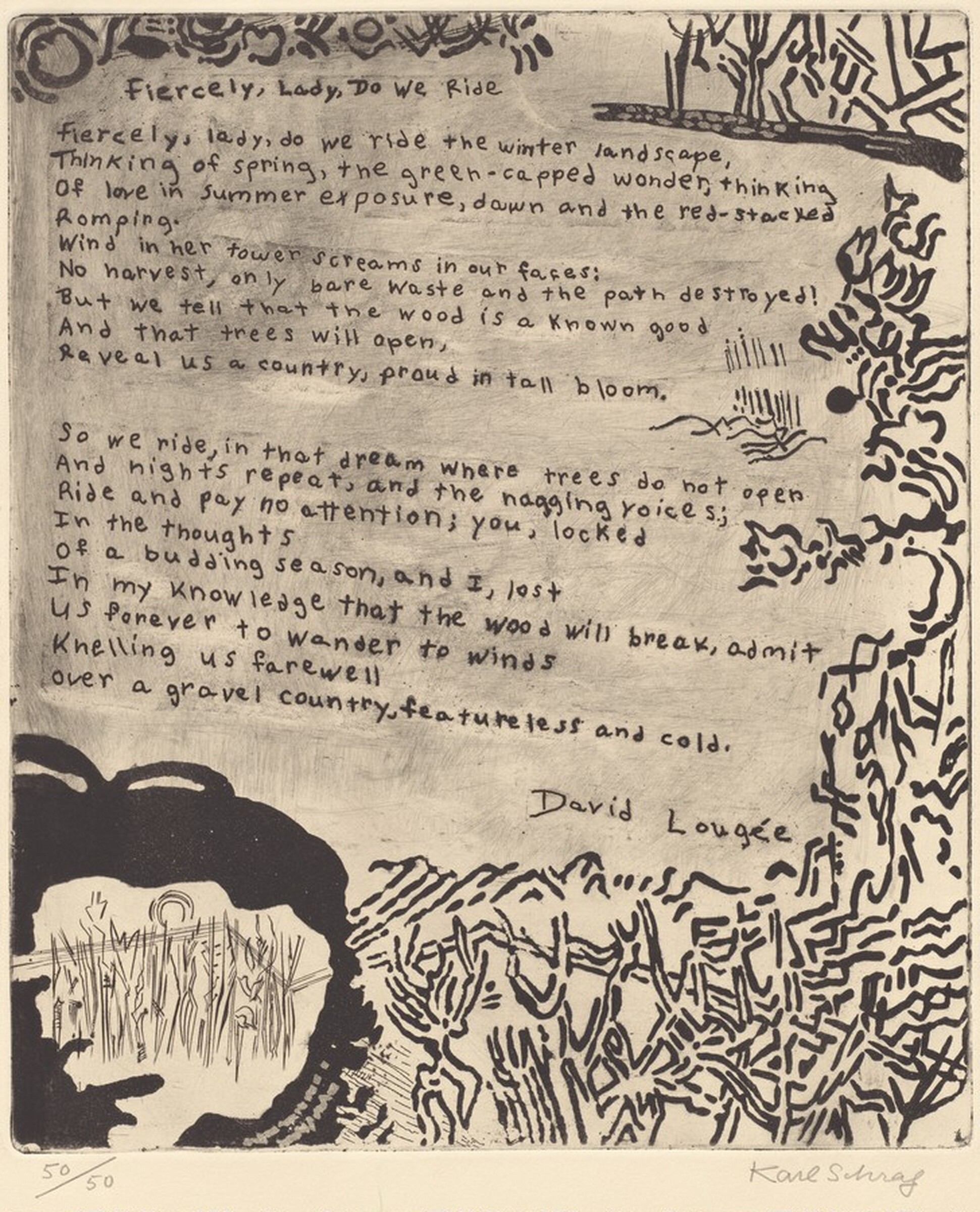 Fiercely, Lady, Do We Ride from 21 Etchings and Poems, Karl Schrag and David Lougee, published 1960