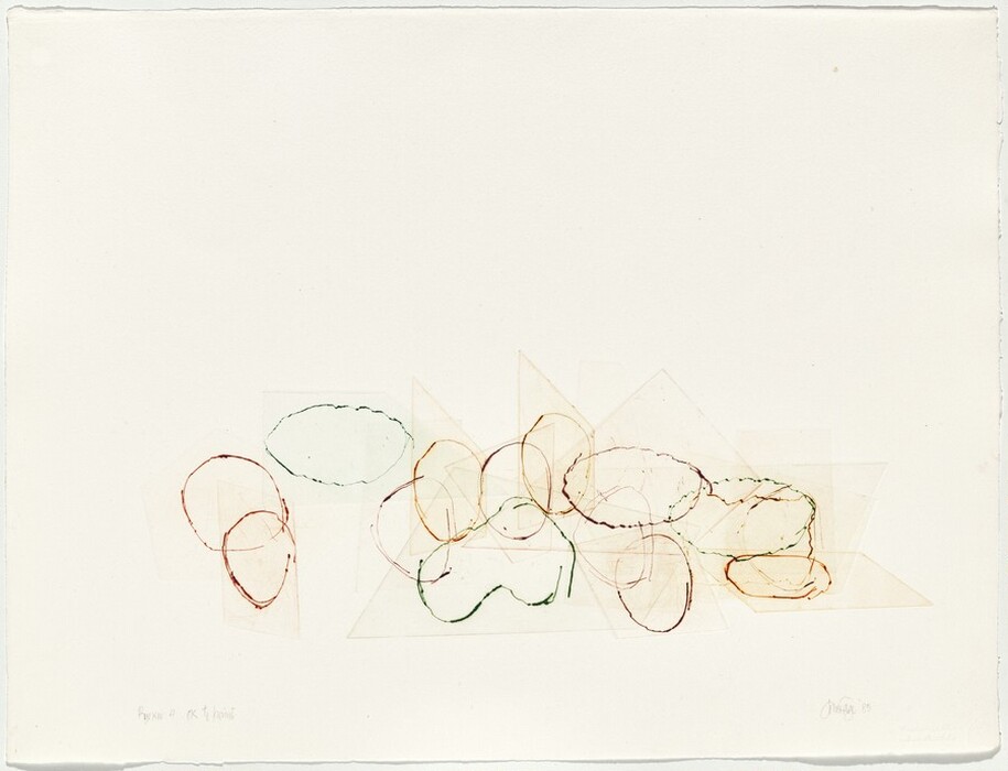 The image shows overlapping ovals and circular shapes with faint angular lines creating an abstract composition. The ovals are in red, green, and brown colors and appear scattered. The background is white, emphasizing the colorful shapes and thin intersecting lines, forming an abstract scene.