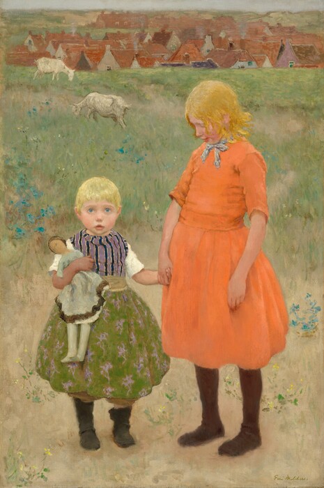 Two pale-skinned girls stand hand in hand in a grassy field in this vertical painting. To our left, the younger girl is about two heads shorter than her companion and holds a doll clutched in the crook of her right arm. She has short, light blond hair, and she stares at us or just above our heads with wide, blue eyes. She has round cheeks, and her rosebud-shaped mouth is parted. She wears a moss-green skirt patterned with lilac-purple flowers, a tan sash around her waist, and a shirt with violet-purple and navy-blue, vertical stripes on the torso and elbow-length white sleeves. One calf-high boot slouches down and the other brushes the bottom of her flaring skirts. Her doll wears a grayish-blue dress with a brown hem and fog-gray stockings. The taller girl on our right holds the smaller girl’s hand and turns to look down at her. Her cheeks are rosy, and her flaxen yellow hair falls nearly to her shoulders. She wears a vivid, apricot-orange dress with elbow-length sleeves, a light blue kerchief tied in a bow around her neck, and dark brown stockings and shoes. The girls stand close to each other and us in front of a grassy field dotted with blue, yellow, and white flowers. Two white goats graze in the distance behind the smaller girl. Reddish brown roofs suggest that houses nestle into a dip beyond the meadow. Smoke curls from a couple chimneys. The horizon nearly reaches the top edge of the painting so only a sliver of silvery gray sky lines the top of the composition. The artist signed the bottom right corner: “Gari Melchers.”