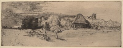 Landscape with Trees, Farm Buildings and a Tower, Rembrandt van Rijn, c. 1651